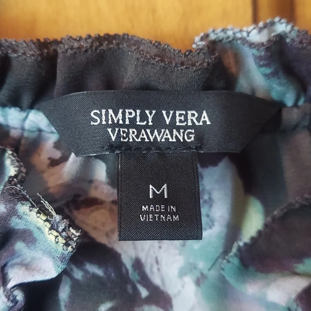 * Simply Vera VeraWang Soft Chiffon Floral Black,  Blue Blouse, Size M, Like New